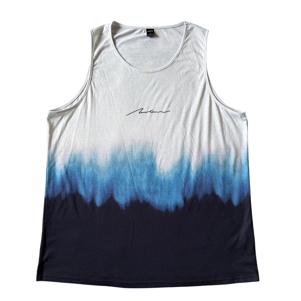 SHEIN Mens Ombre Dip Dye Tank Top Blue White Navy Sleeveless Graphic Shirt L
